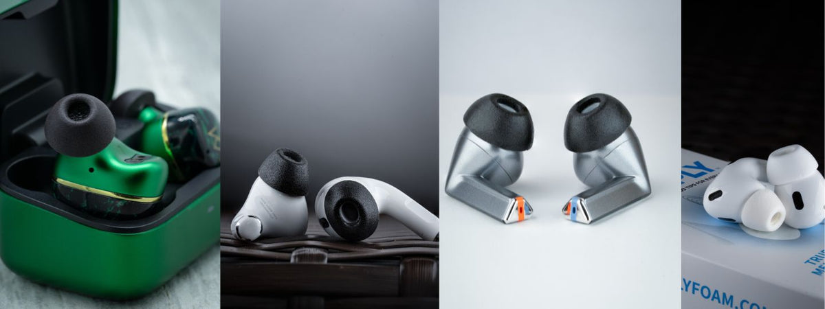 Memory Foam Ear tips to help keep earbuds in place showcasing Galaxy Buds3 Pro devices and a package of comply foam tips.