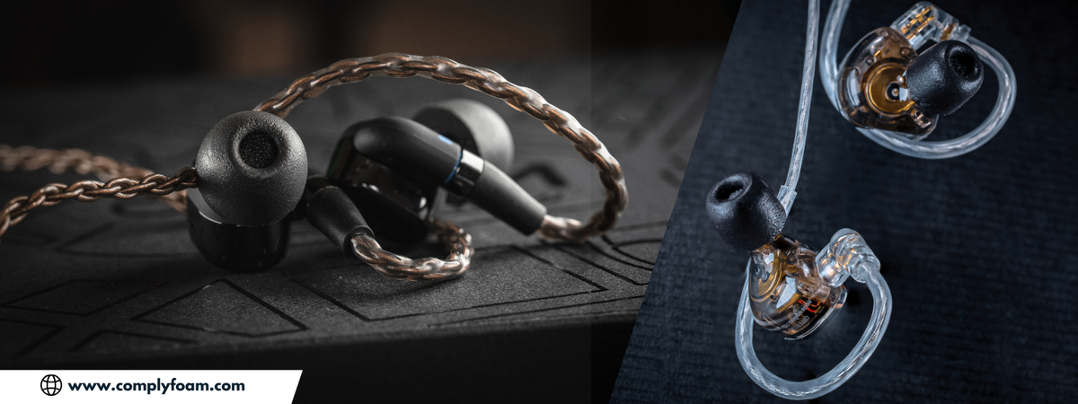Memory Foam Ear tips to help keep earbuds in place showcasing Galaxy Buds3 Pro devices and a package of comply foam tips.
