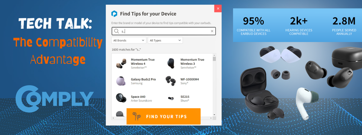 a view of our Comply Fit Finder showing many devices we have compatibility for, along with a few devices on the side
