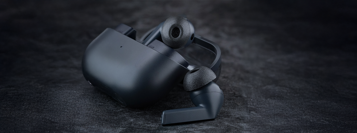 Memory Foam Ear tips to help keep earbuds in place showcasing Galaxy Buds3 Pro devices and a package of comply foam tips.