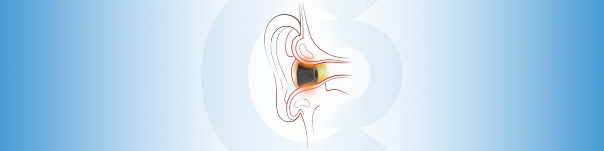 Illustration of ear canal with memory foam earbud tip showing proper fit for improved hearing