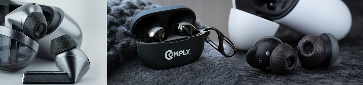 Memory Foam Ear tips to help keep earbuds in place showcasing Galaxy Buds3 Pro devices and a package of comply foam tips.